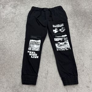 Zara Graffiti Graphic Jogger Sweatpants Mens Large Black Cotton Elastic Waist
